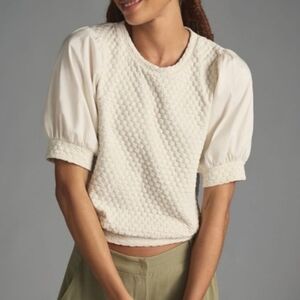 Porridge Puff Sleeve Cream Pullover Size Medium Quilted Mixed Media